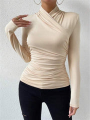 Cross-Over Collar Pleated Cinched T-Shirt - Calestra