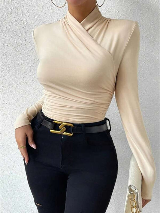 Cross-Over Collar Pleated Cinched T-Shirt - Calestra