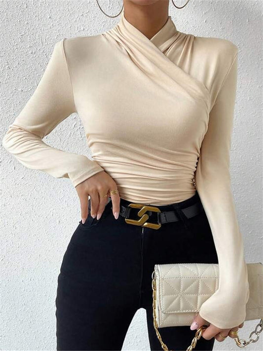 Cross-Over Collar Pleated Cinched T-Shirt - Calestra