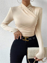 Cross-Over Collar Pleated Cinched T-Shirt - Calestra
