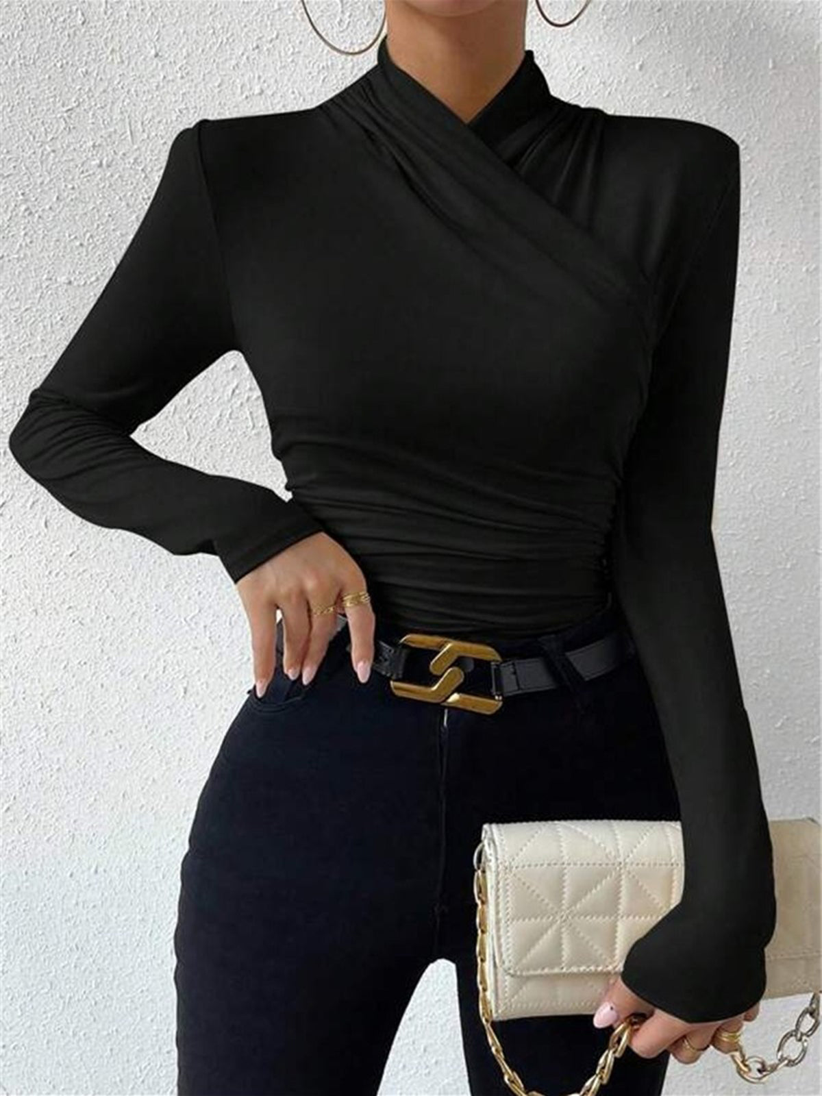 Cross-Over Collar Pleated Cinched T-Shirt - Calestra