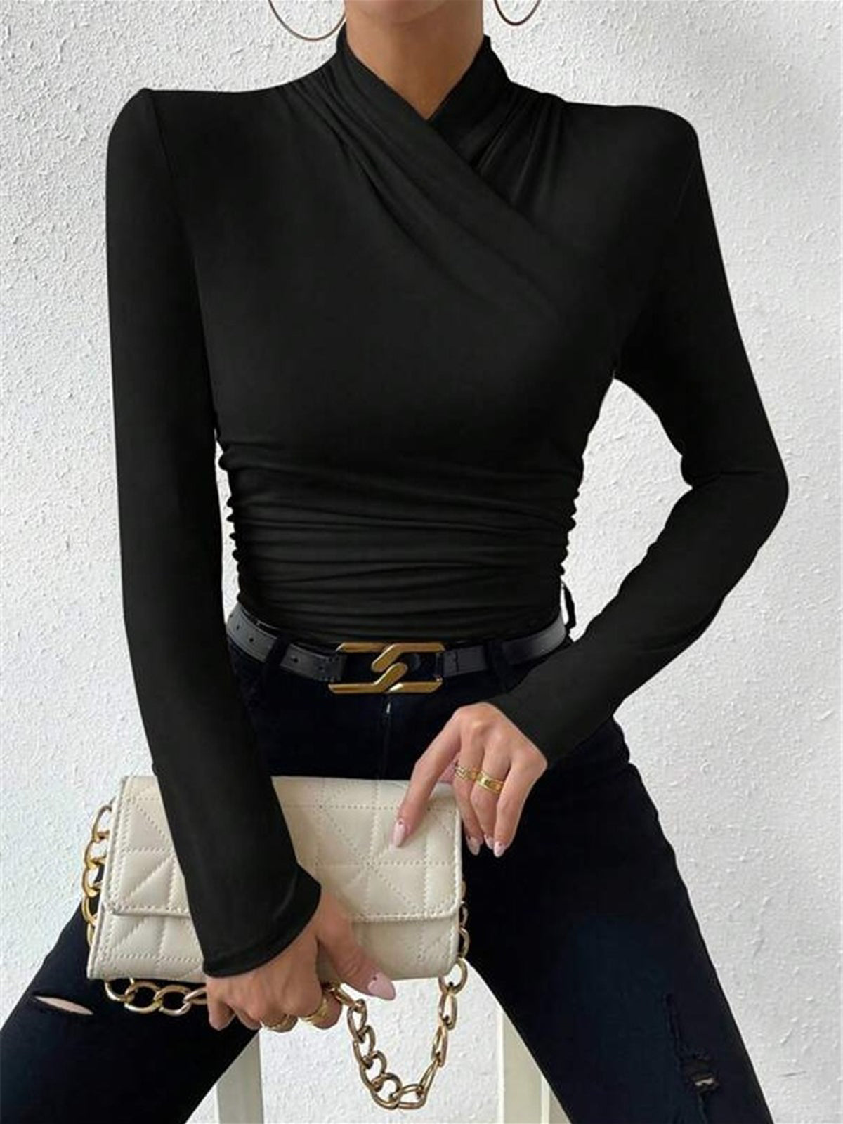 Cross-Over Collar Pleated Cinched T-Shirt - Calestra