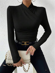 Cross-Over Collar Pleated Cinched T-Shirt - Calestra
