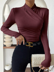 Cross-Over Collar Pleated Cinched T-Shirt - Calestra
