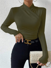Cross-Over Collar Pleated Cinched T-Shirt - Calestra
