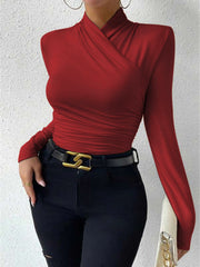 Cross-Over Collar Pleated Cinched T-Shirt - Calestra