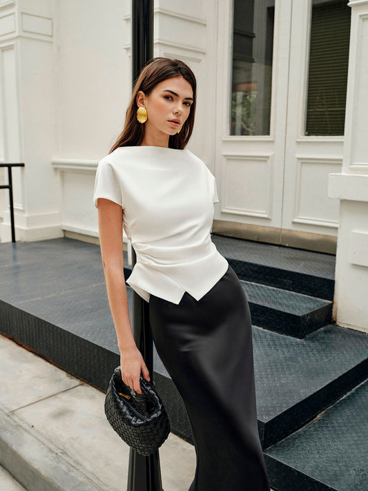 Asymmetric Hem Ruched T-Shirt - Calestra