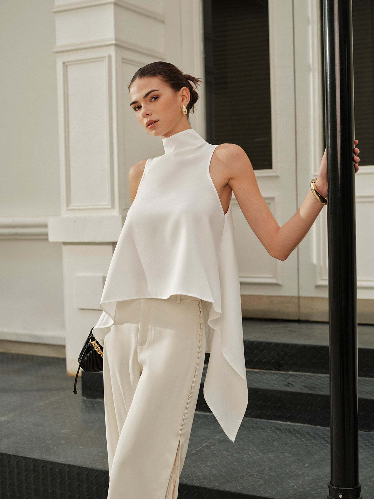 Asymmetrical Mock Neck Sleeveless Top - Calestra