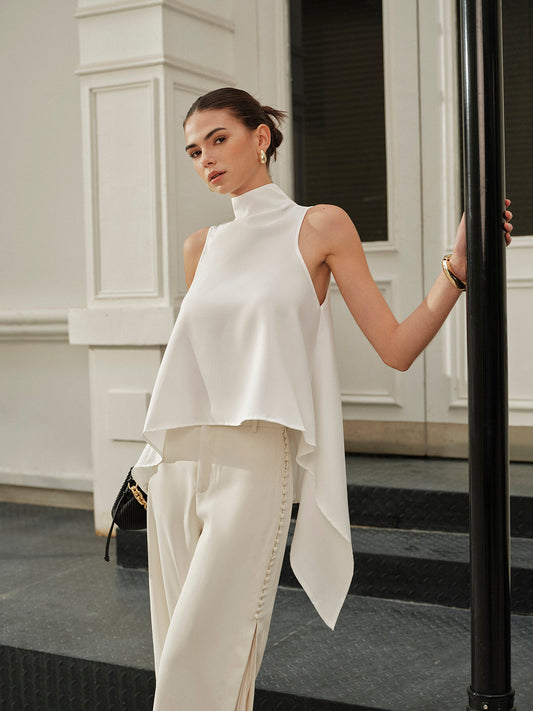Asymmetrical Mock Neck Sleeveless Top - Calestra