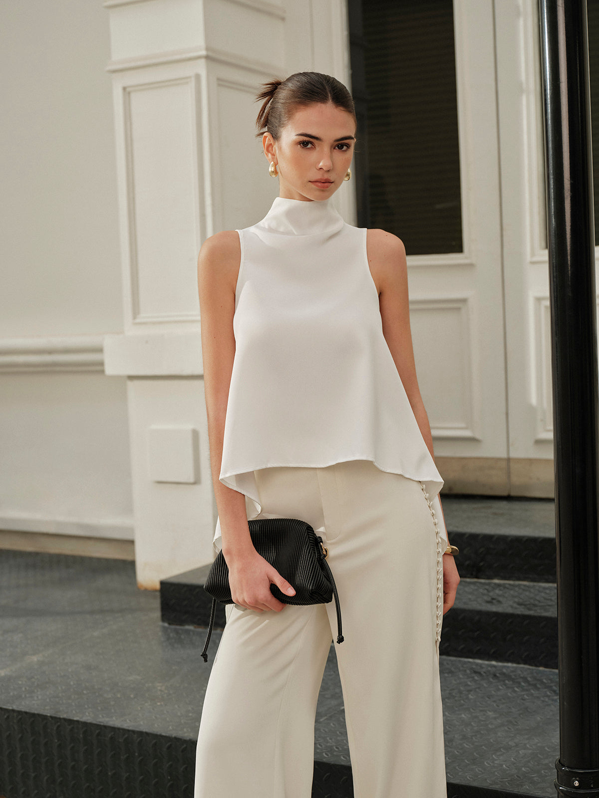 Asymmetrical Mock Neck Sleeveless Top - Calestra