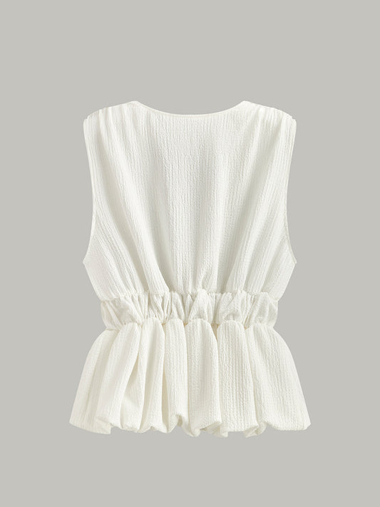 V-Neck Gathered Waist Bow-Detail Top - Calestra