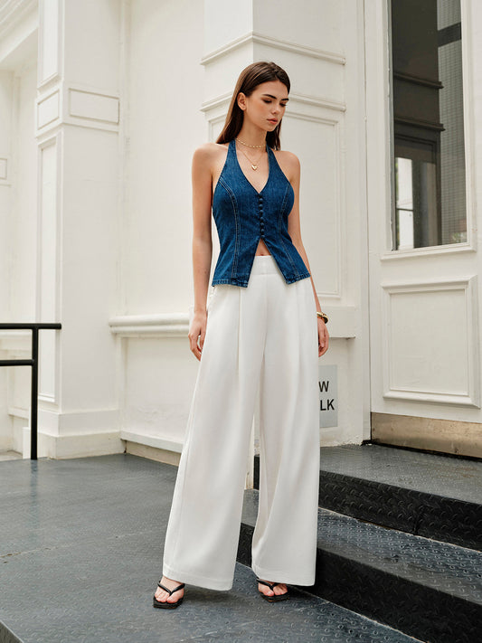 Halter Neck Button Detail Denim Top - Calestra