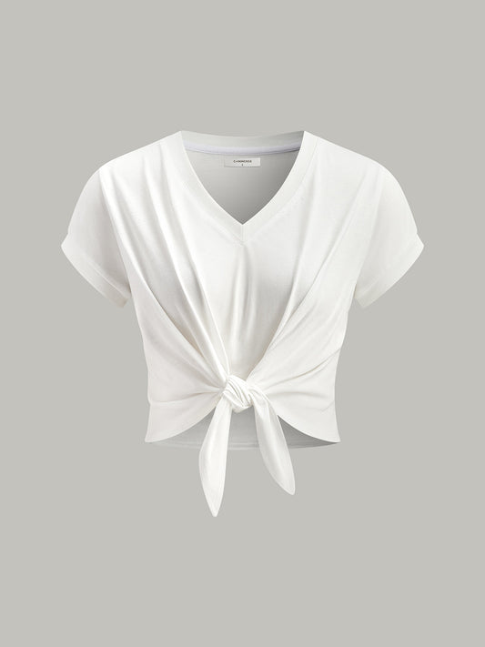 Knot Front V-Neck T-Shirt - Calestra