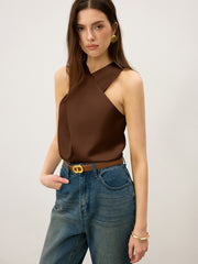 Satin Cross-Over Collar Tank Top - Calestra
