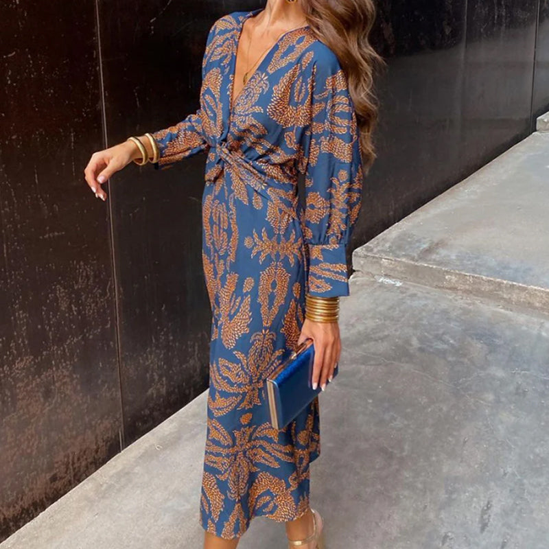 Janella - Vintage Draped Long Sleeve Midi Dress - Calestra