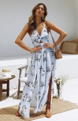 Sierra | Boho Floral Halter Maxi Dress - Calestra