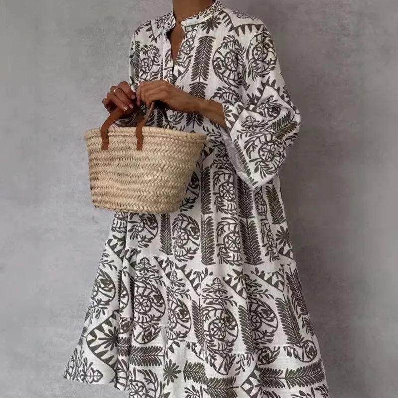 Adeline | Printed V-Neck A-Line Skirt Dress - Calestra