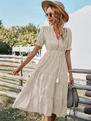 Maya | Striped Tassel V-Neck Dress - Calestra