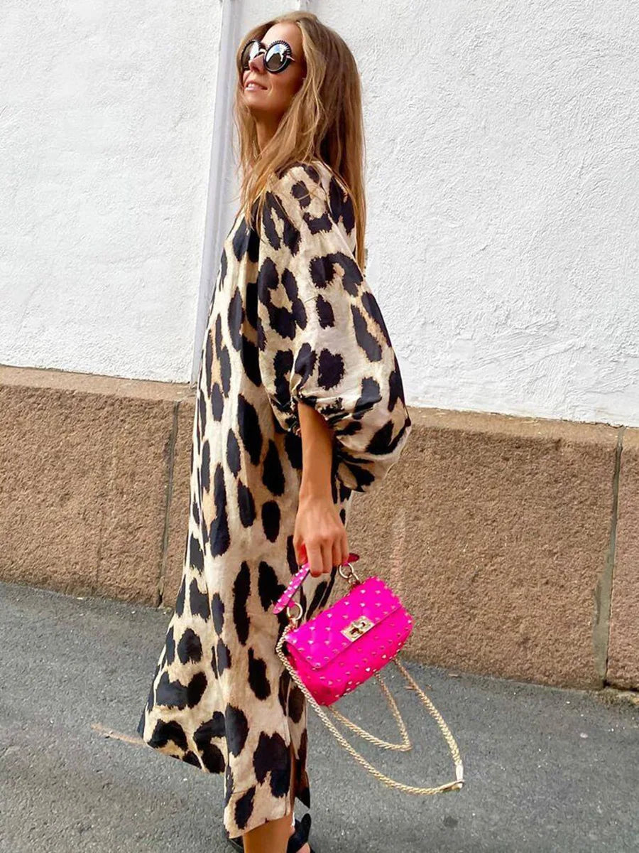 Zarina | Leopard Print V-Neck Maxi Dress - Calestra