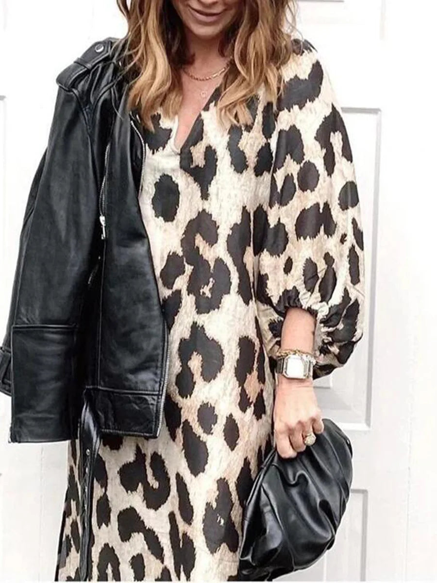 Zarina | Leopard Print V-Neck Maxi Dress - Calestra