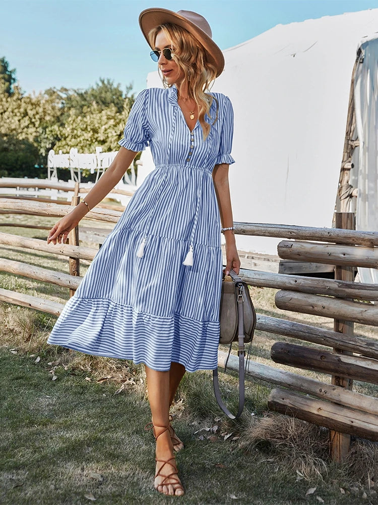 Maya | Striped Tassel V-Neck Dress - Calestra