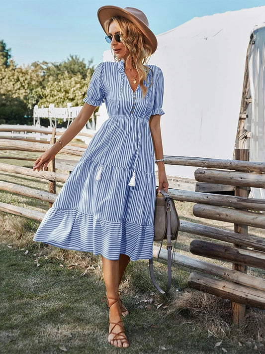 Maya | Striped Tassel V-Neck Dress - Calestra