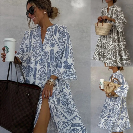Adeline | Printed V-Neck A-Line Skirt Dress - Calestra