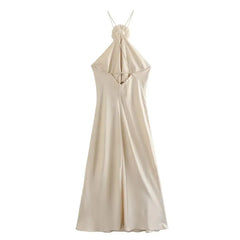 The Satin Bloom Maxi Dress | Champagne Elegance