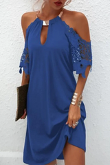 Naila - Elegant solid lace dress with metallic accessories and embellishments, with a belt line. - Calestra