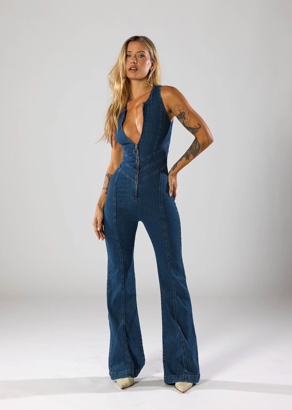 ✦ Siena Deep Zip Denim Jumpsuit - Calestra